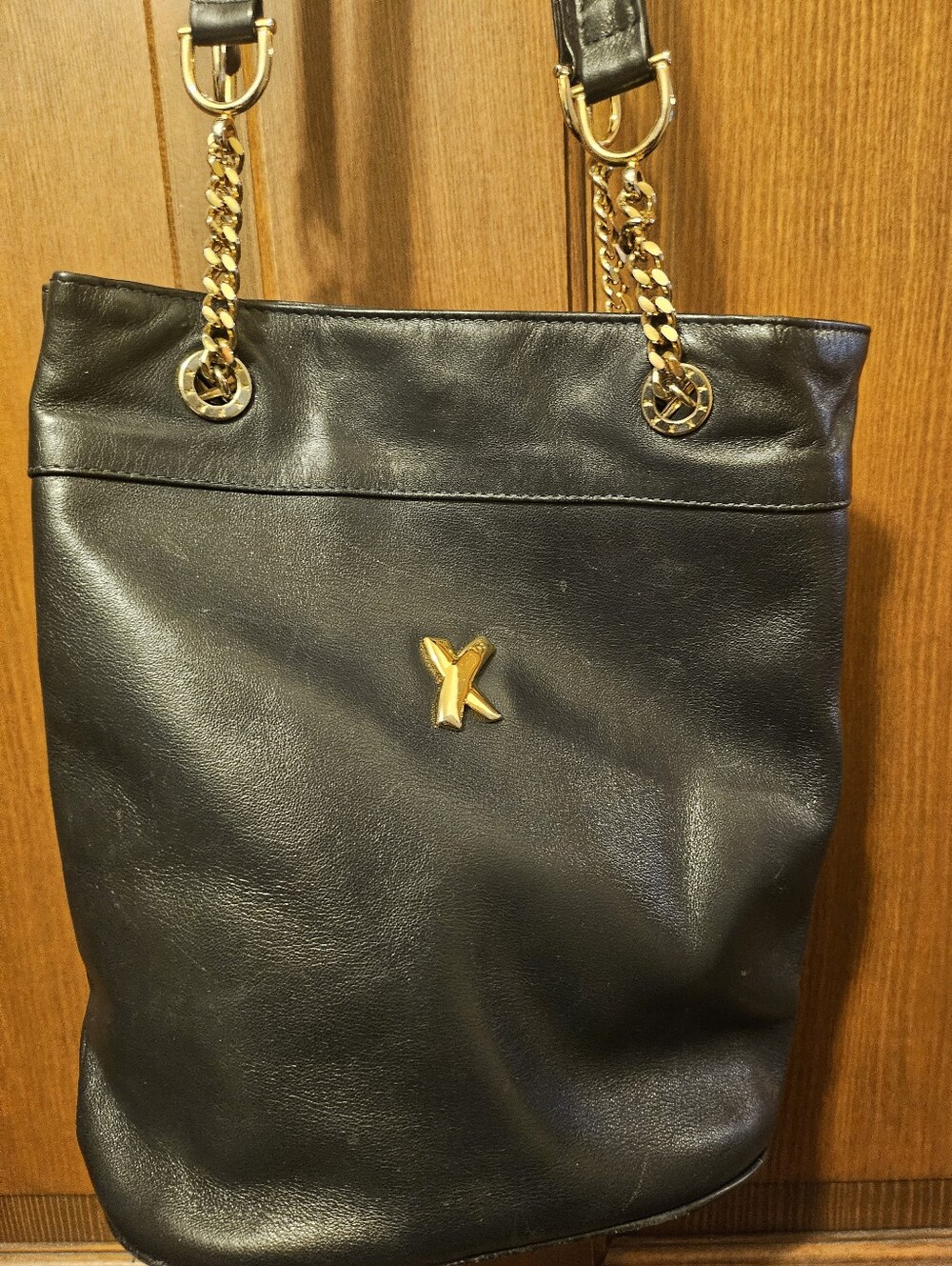 Paloma Picasso Black Leather Tote with Gold Chain Straps